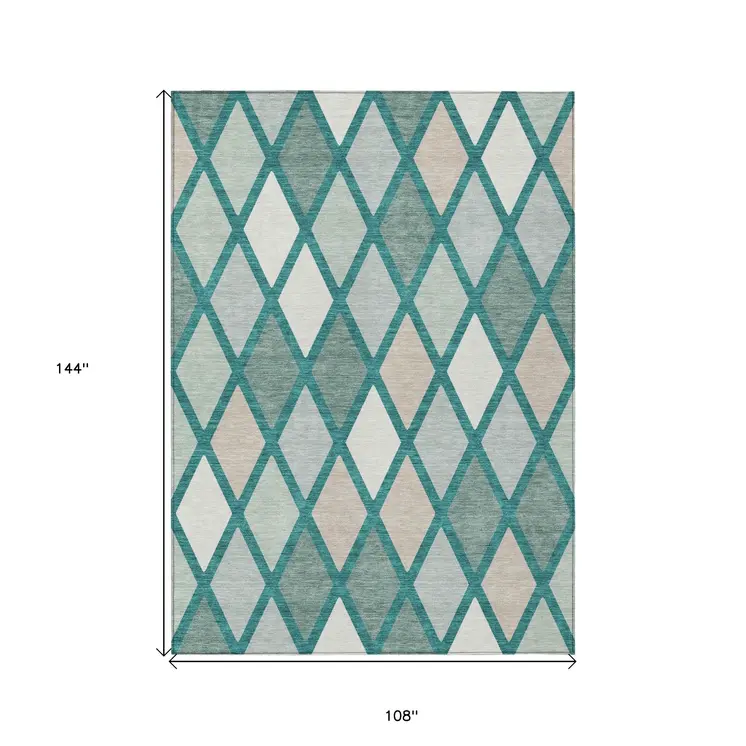 9' X 12' Teal Blue Ivory And Beige Geometric Washable Indoor Outdoor Area Rug