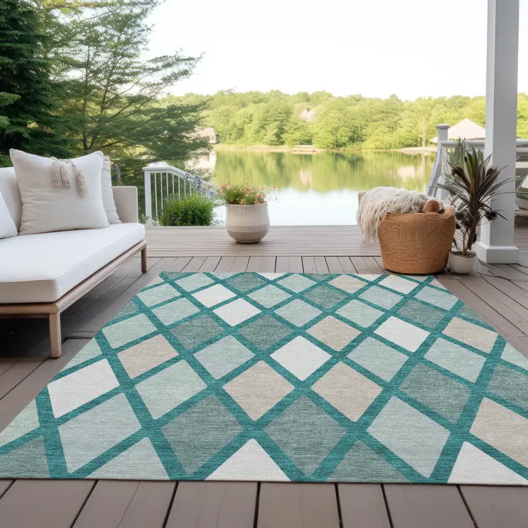 9' X 12' Teal Blue Ivory And Beige Geometric Washable Indoor Outdoor Area Rug