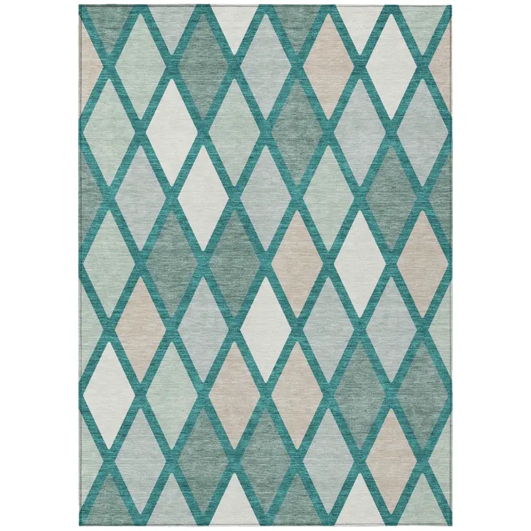 9' X 12' Teal Blue Ivory And Beige Geometric Washable Indoor Outdoor Area Rug