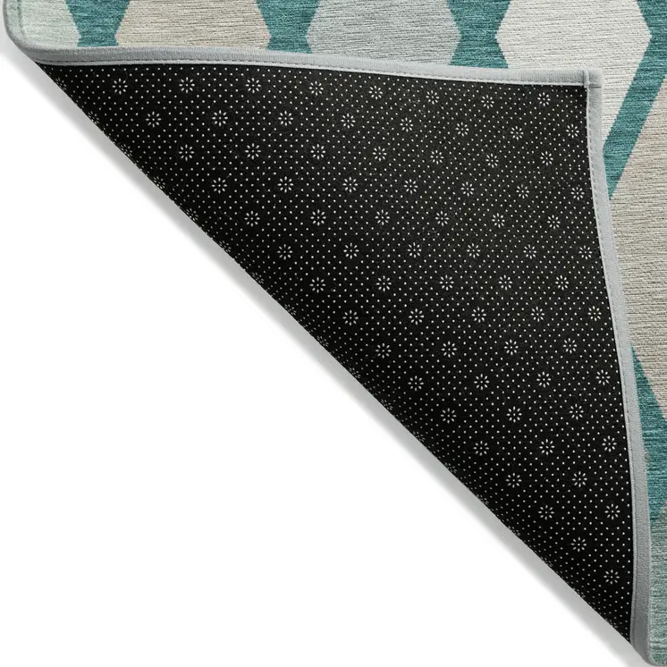 9' X 12' Teal Blue Ivory And Beige Geometric Washable Indoor Outdoor Area Rug