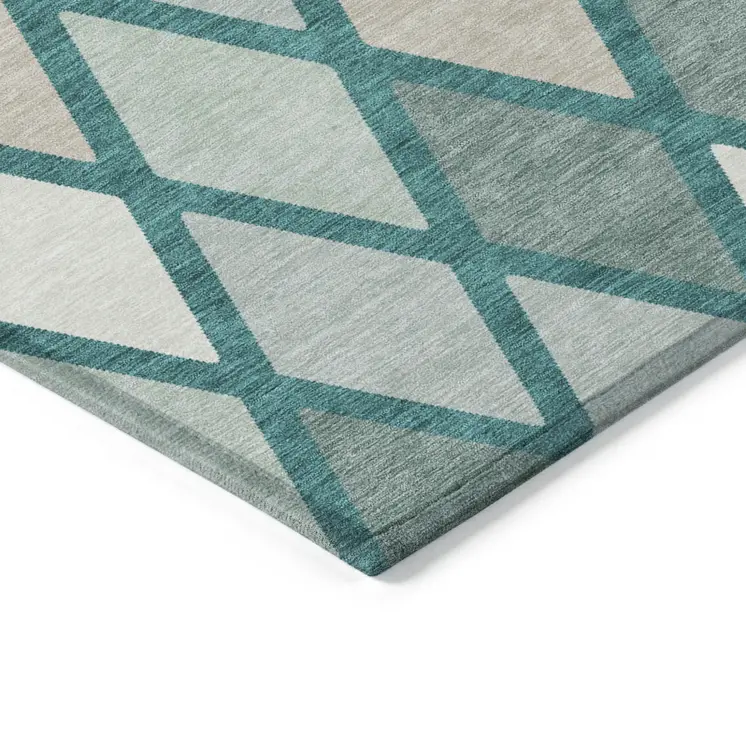 9' X 12' Teal Blue Ivory And Beige Geometric Washable Indoor Outdoor Area Rug