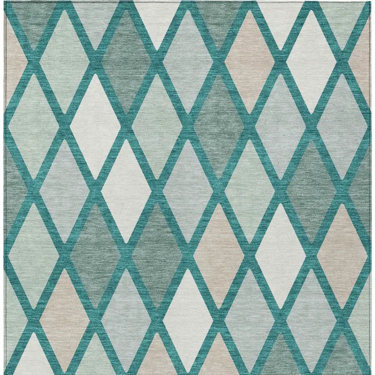 9' X 12' Teal Blue Ivory And Beige Geometric Washable Indoor Outdoor Area Rug