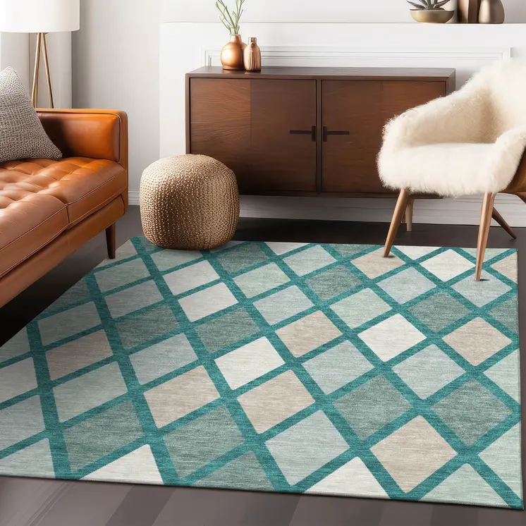 9' X 12' Teal Blue Ivory And Beige Geometric Washable Indoor Outdoor Area Rug