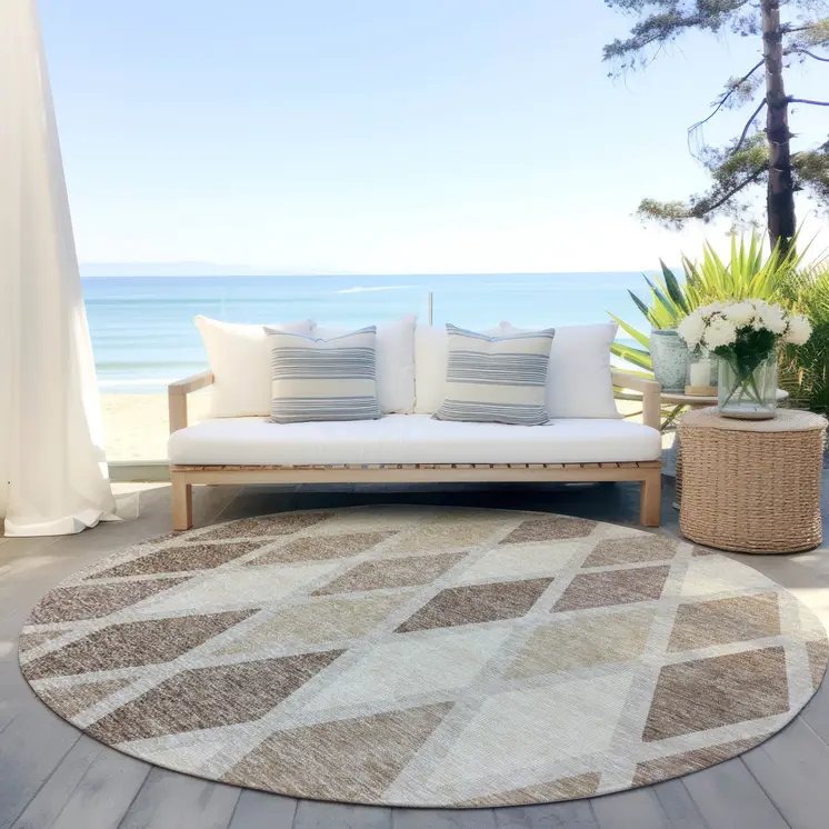 8' Taupe Beige And Ivory Round Geometric Washable Indoor Outdoor Area Rug