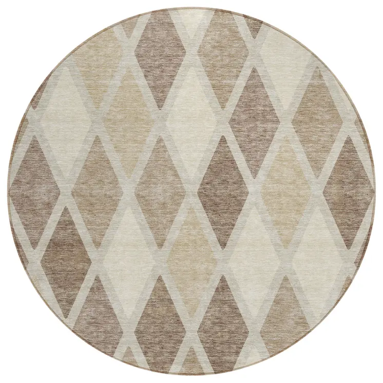 8' Taupe Beige And Ivory Round Geometric Washable Indoor Outdoor Area Rug