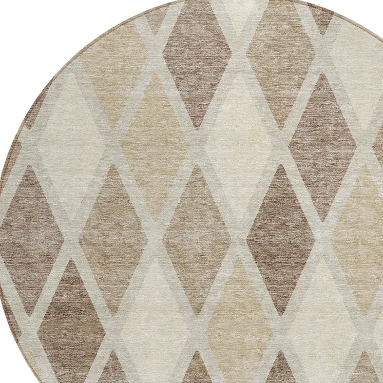 8' Taupe Beige And Ivory Round Geometric Washable Indoor Outdoor Area Rug