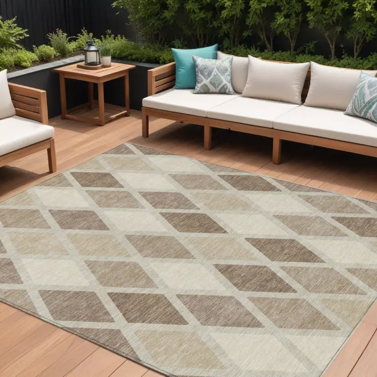 10' X 14' Taupe Beige And Ivory Geometric Washable Indoor Outdoor Area Rug
