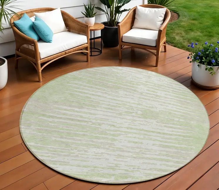 8' Artichoke Green And Ivory Round Striped Washable Indoor Outdoor Area Rug
