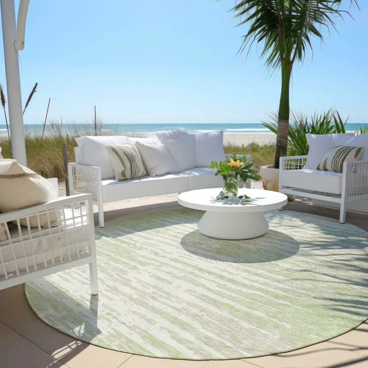 8' Artichoke Green And Ivory Round Striped Washable Indoor Outdoor Area Rug