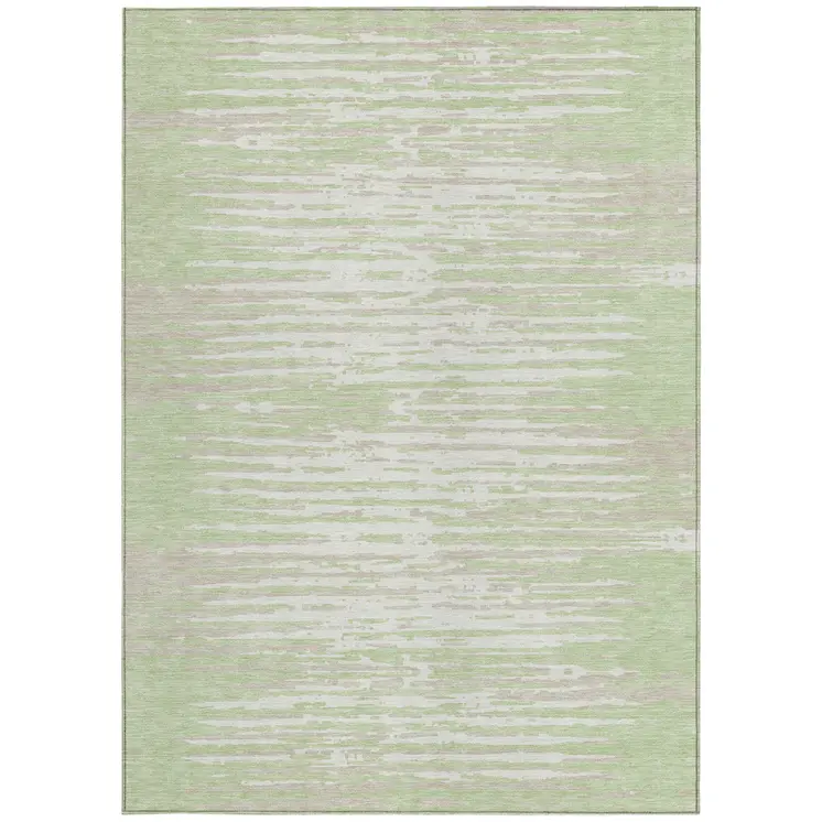 9' X 12' Artichoke Green And Ivory Striped Washable Indoor Outdoor Area Rug