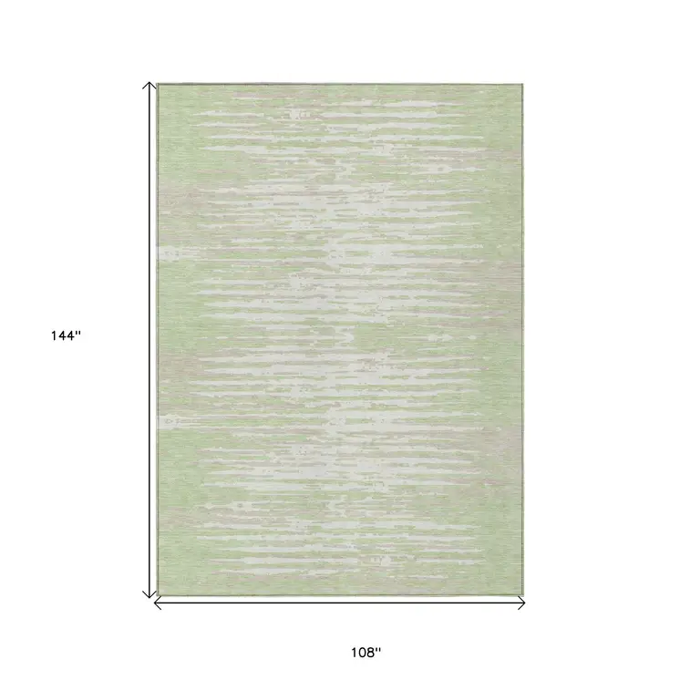 9' X 12' Artichoke Green And Ivory Striped Washable Indoor Outdoor Area Rug