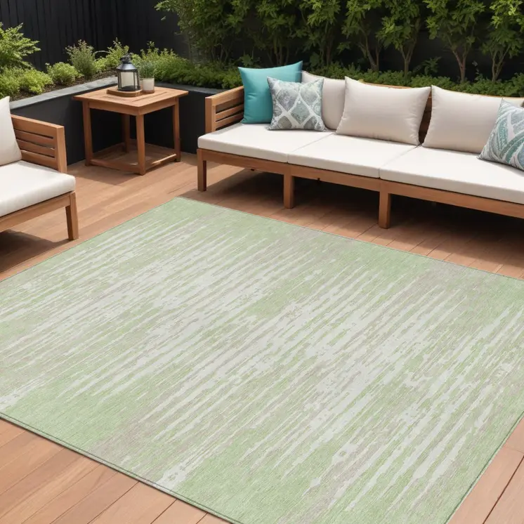 9' X 12' Artichoke Green And Ivory Striped Washable Indoor Outdoor Area Rug