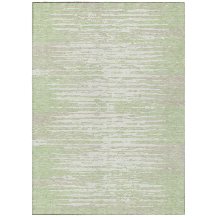 9' X 12' Artichoke Green And Ivory Striped Washable Indoor Outdoor Area Rug