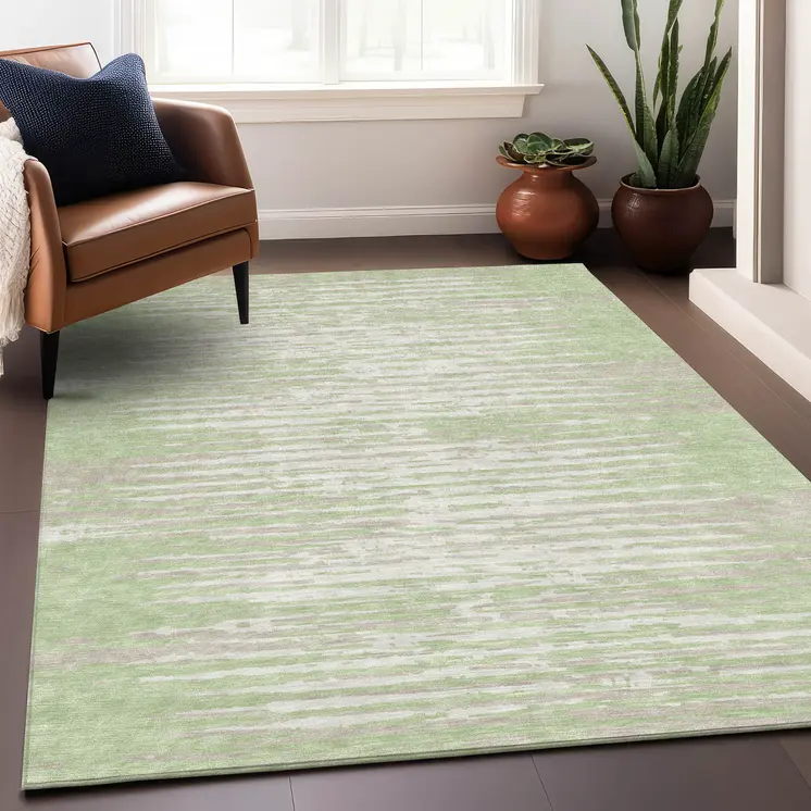 9' X 12' Artichoke Green And Ivory Striped Washable Indoor Outdoor Area Rug