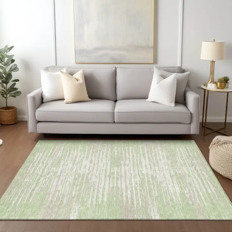 10' X 14' Artichoke Green And Ivory Striped Washable Indoor Outdoor Area Rug
