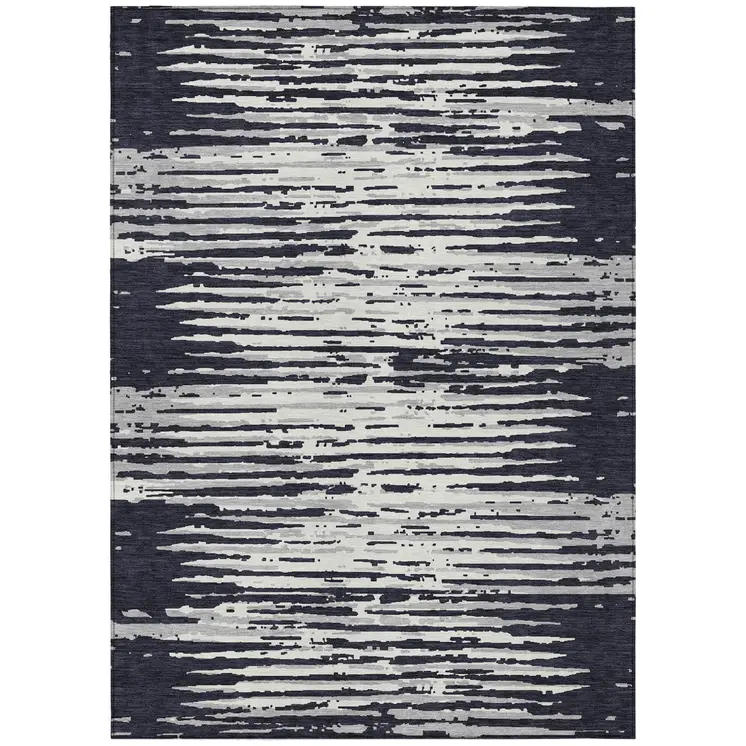 5' X 8' Black Gray And Ivory Striped Washable Indoor Outdoor Area Rug