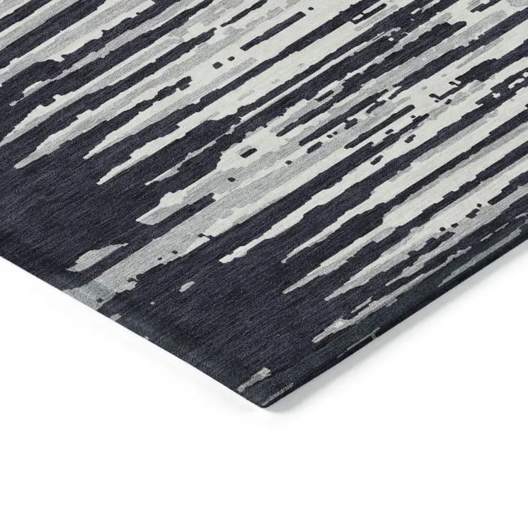 5' X 8' Black Gray And Ivory Striped Washable Indoor Outdoor Area Rug