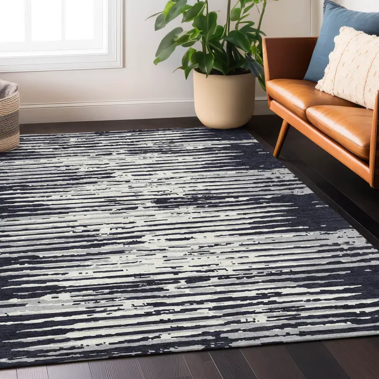 5' X 8' Black Gray And Ivory Striped Washable Indoor Outdoor Area Rug