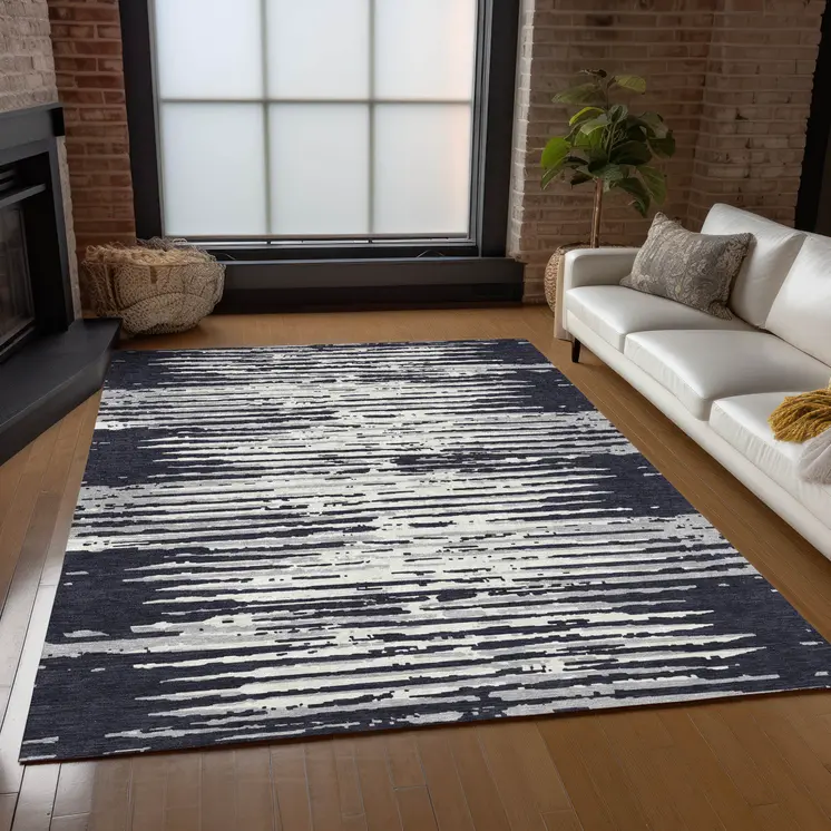 5' X 8' Black Gray And Ivory Striped Washable Indoor Outdoor Area Rug