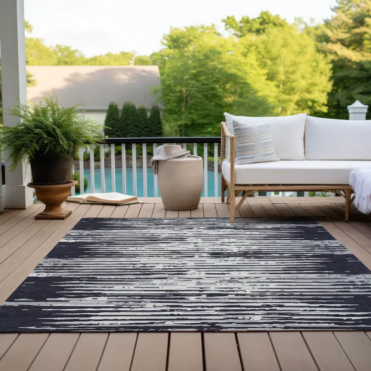 5' X 8' Black Gray And Ivory Striped Washable Indoor Outdoor Area Rug