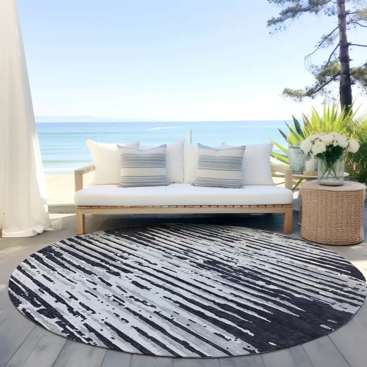 8' Black Gray And Ivory Round Striped Washable Indoor Outdoor Area Rug