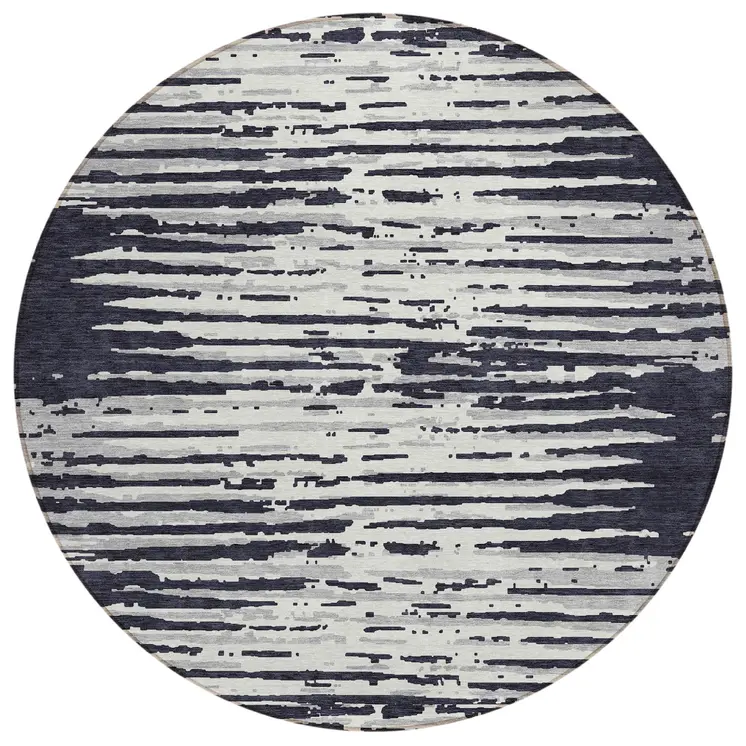 8' Black Gray And Ivory Round Striped Washable Indoor Outdoor Area Rug