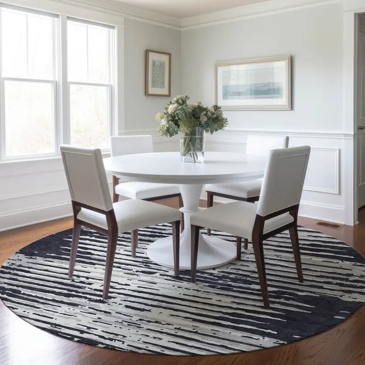 8' Black Gray And Ivory Round Striped Washable Indoor Outdoor Area Rug