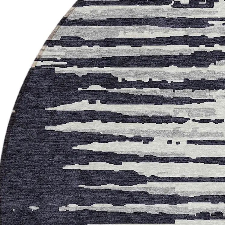 8' Black Gray And Ivory Round Striped Washable Indoor Outdoor Area Rug