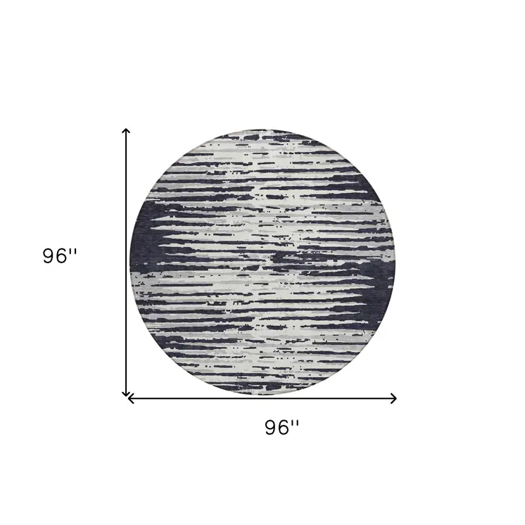 8' Black Gray And Ivory Round Striped Washable Indoor Outdoor Area Rug