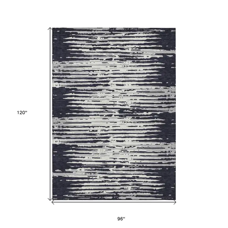 8' X 10' Black Gray And Ivory Striped Washable Indoor Outdoor Area Rug