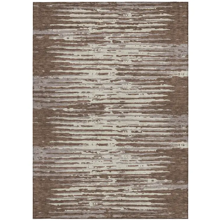 3' X 5' Brown Beige And Ivory Striped Washable Indoor Outdoor Area Rug