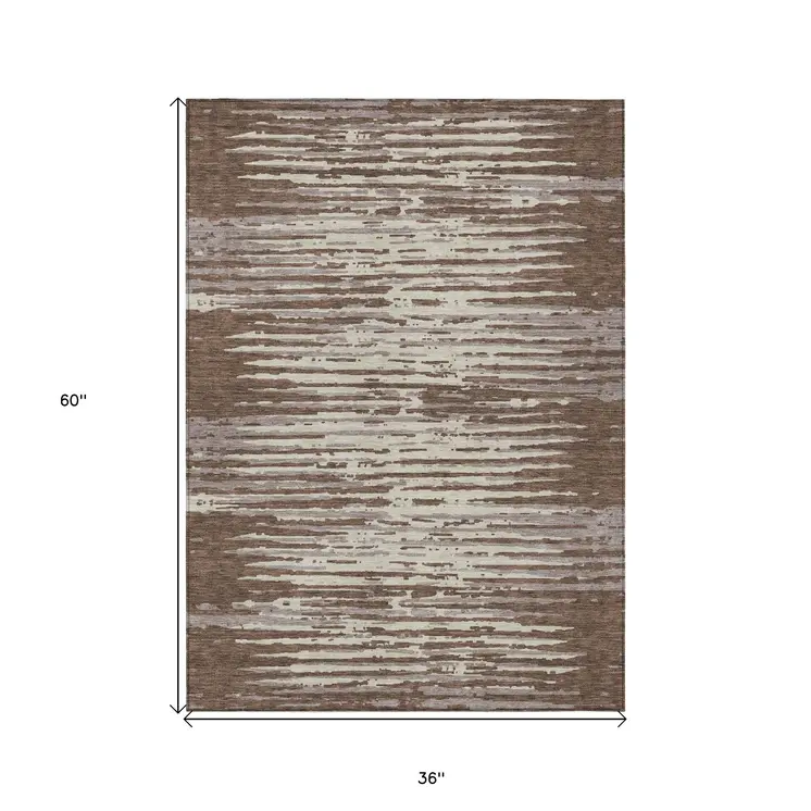 3' X 5' Brown Beige And Ivory Striped Washable Indoor Outdoor Area Rug