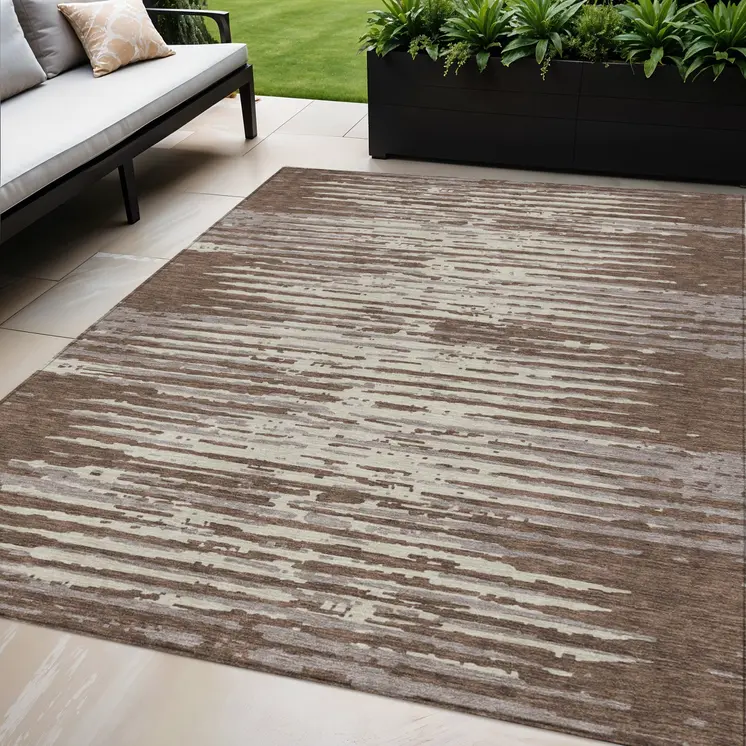 5' X 8' Brown Beige And Ivory Striped Washable Indoor Outdoor Area Rug