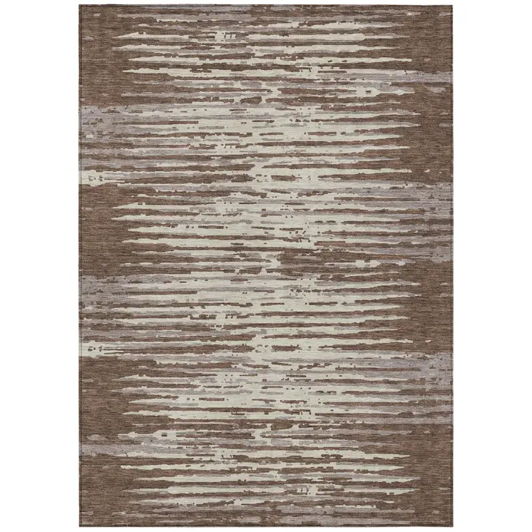 5' X 8' Brown Beige And Ivory Striped Washable Indoor Outdoor Area Rug