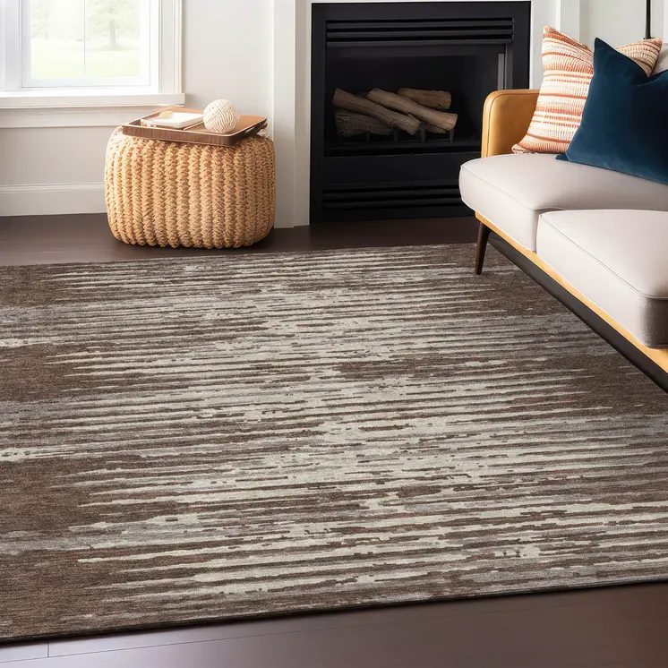 5' X 8' Brown Beige And Ivory Striped Washable Indoor Outdoor Area Rug