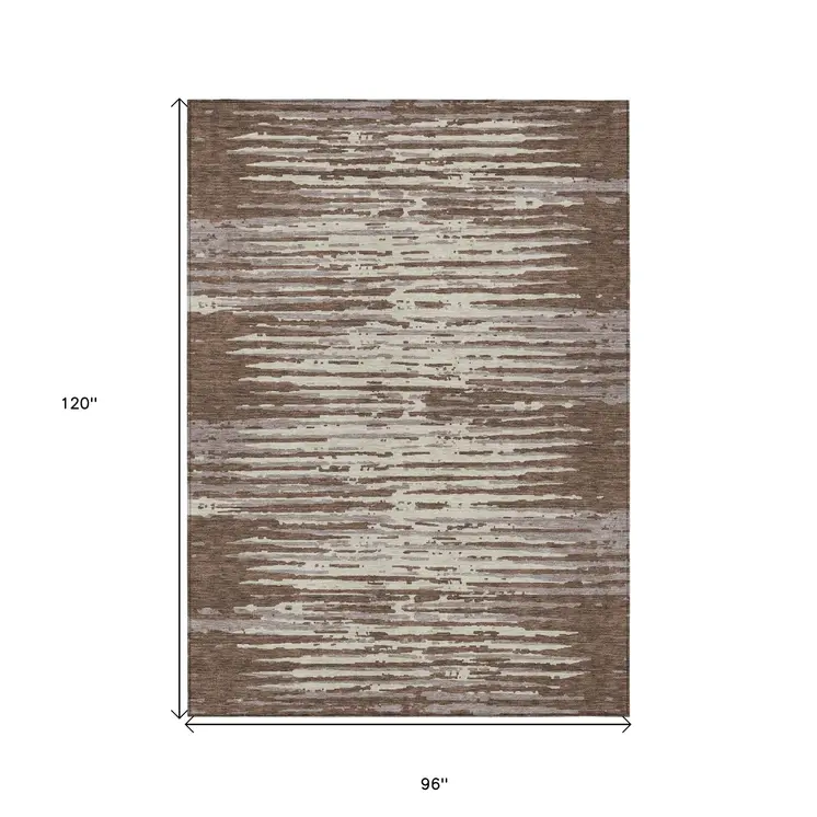 8' X 10' Brown Beige And Ivory Striped Washable Indoor Outdoor Area Rug