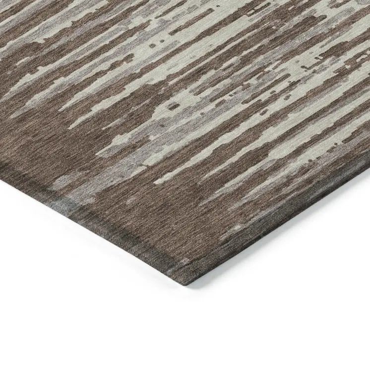 8' X 10' Brown Beige And Ivory Striped Washable Indoor Outdoor Area Rug