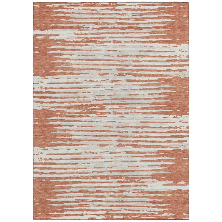 3' X 5' Coral And Ivory Striped Washable Indoor Outdoor Area Rug