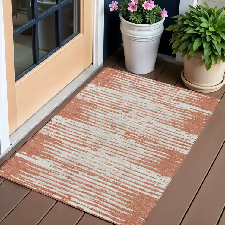 3' X 5' Coral And Ivory Striped Washable Indoor Outdoor Area Rug