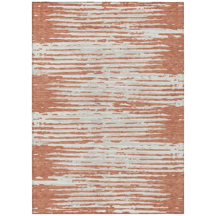 5' X 8' Coral And Ivory Striped Washable Indoor Outdoor Area Rug