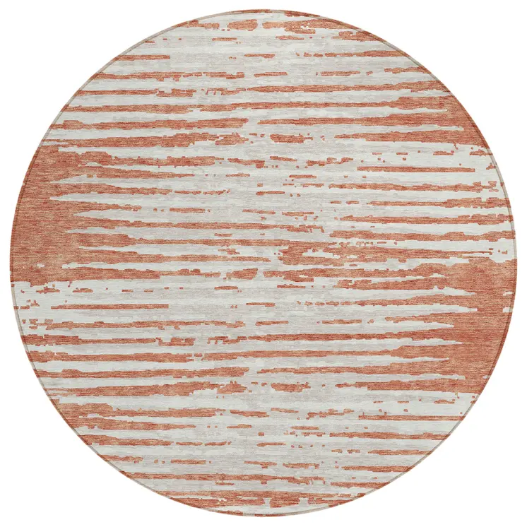 8' Coral And Ivory Round Striped Washable Indoor Outdoor Area Rug