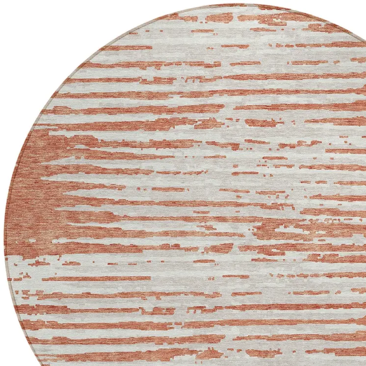 8' Coral And Ivory Round Striped Washable Indoor Outdoor Area Rug