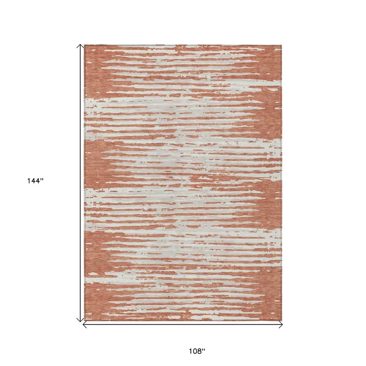 9' X 12' Coral And Ivory Striped Washable Indoor Outdoor Area Rug