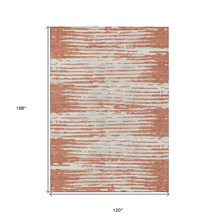 10' X 14' Coral And Ivory Striped Washable Indoor Outdoor Area Rug