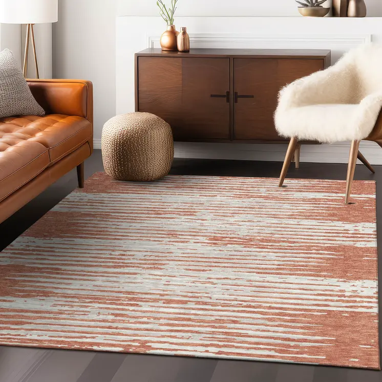 10' X 14' Coral And Ivory Striped Washable Indoor Outdoor Area Rug