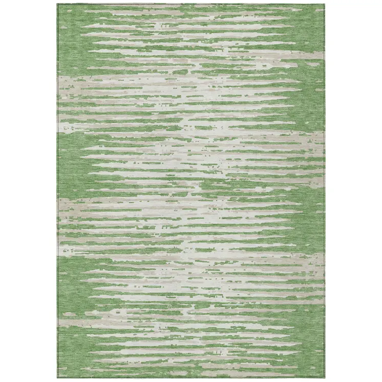 3' X 5' Green And Ivory Striped Washable Indoor Outdoor Area Rug