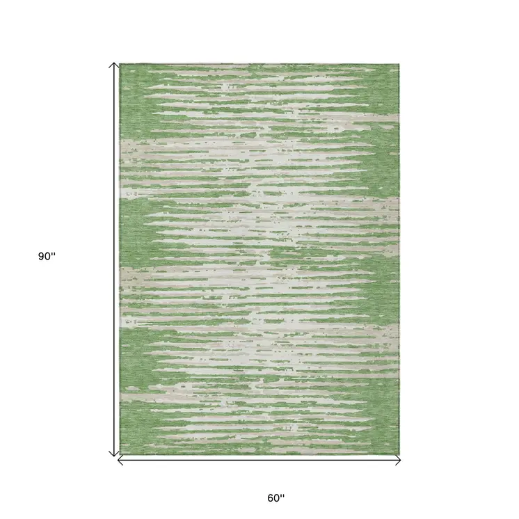 5' X 8' Green And Ivory Striped Washable Indoor Outdoor Area Rug