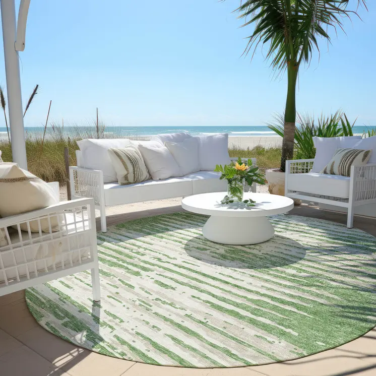 8' Green And Ivory Round Striped Washable Indoor Outdoor Area Rug