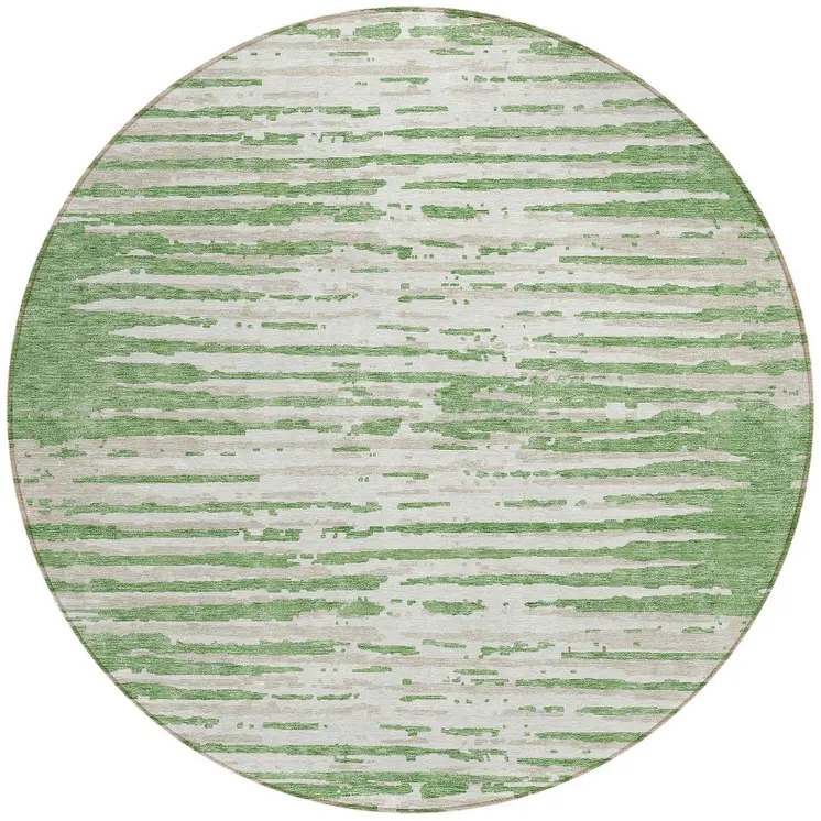 8' Green And Ivory Round Striped Washable Indoor Outdoor Area Rug