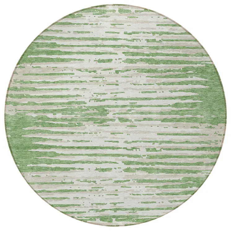8' Green And Ivory Round Striped Washable Indoor Outdoor Area Rug